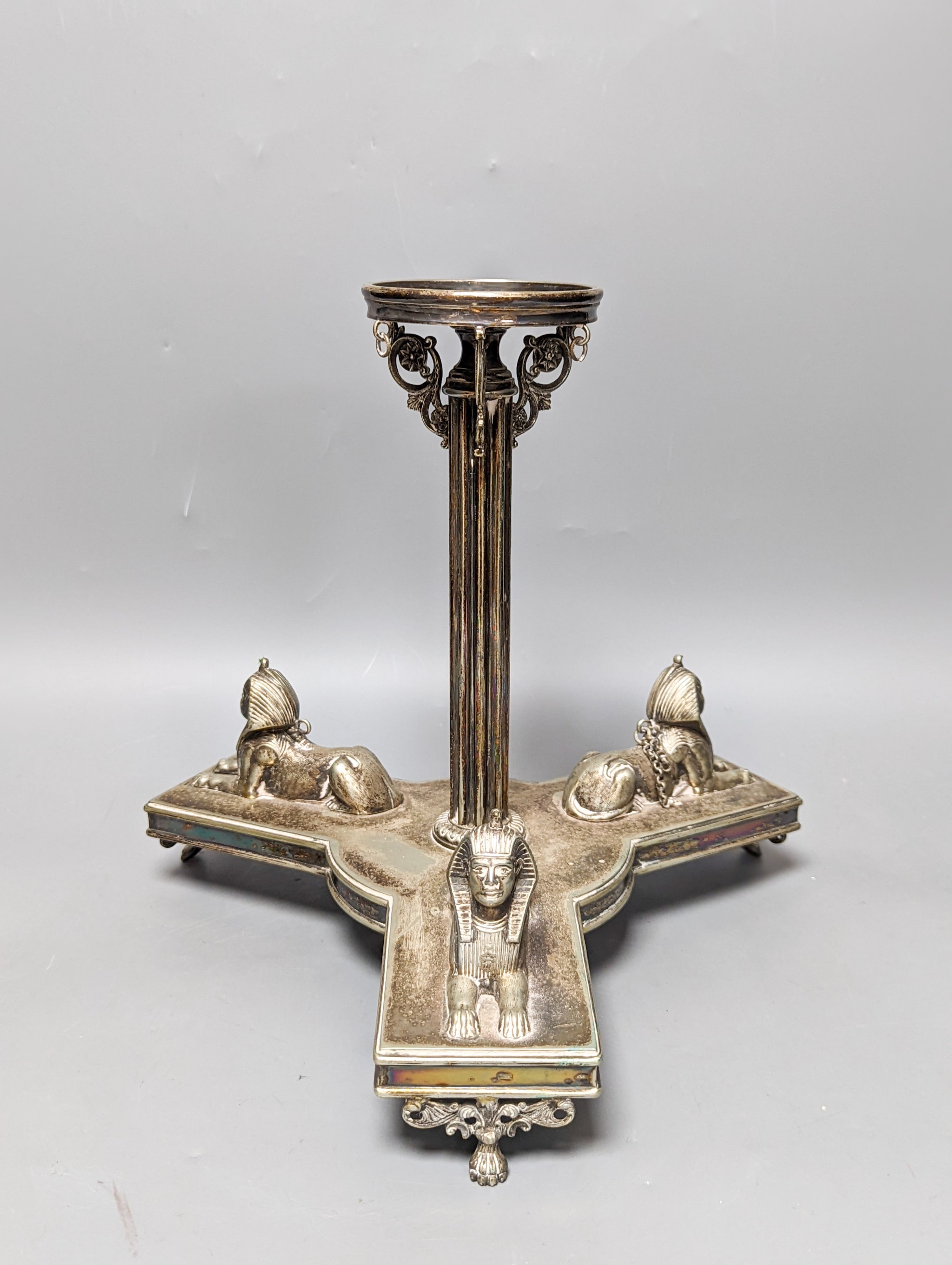 A Walker and Hall electroplate ‘Sphinx’ centrepiece 28cm